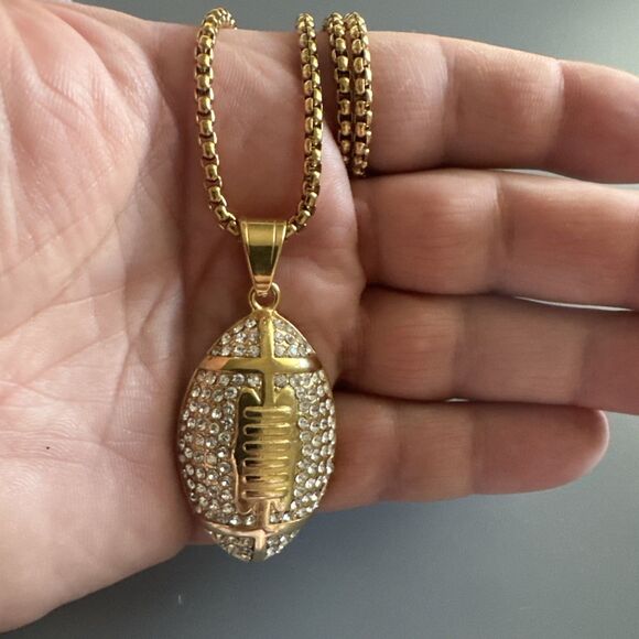Football Pendant Chain Stainless Steel Super Bowl Gift Men’s Cubic Zirconia Gold - Picture 5 of 6